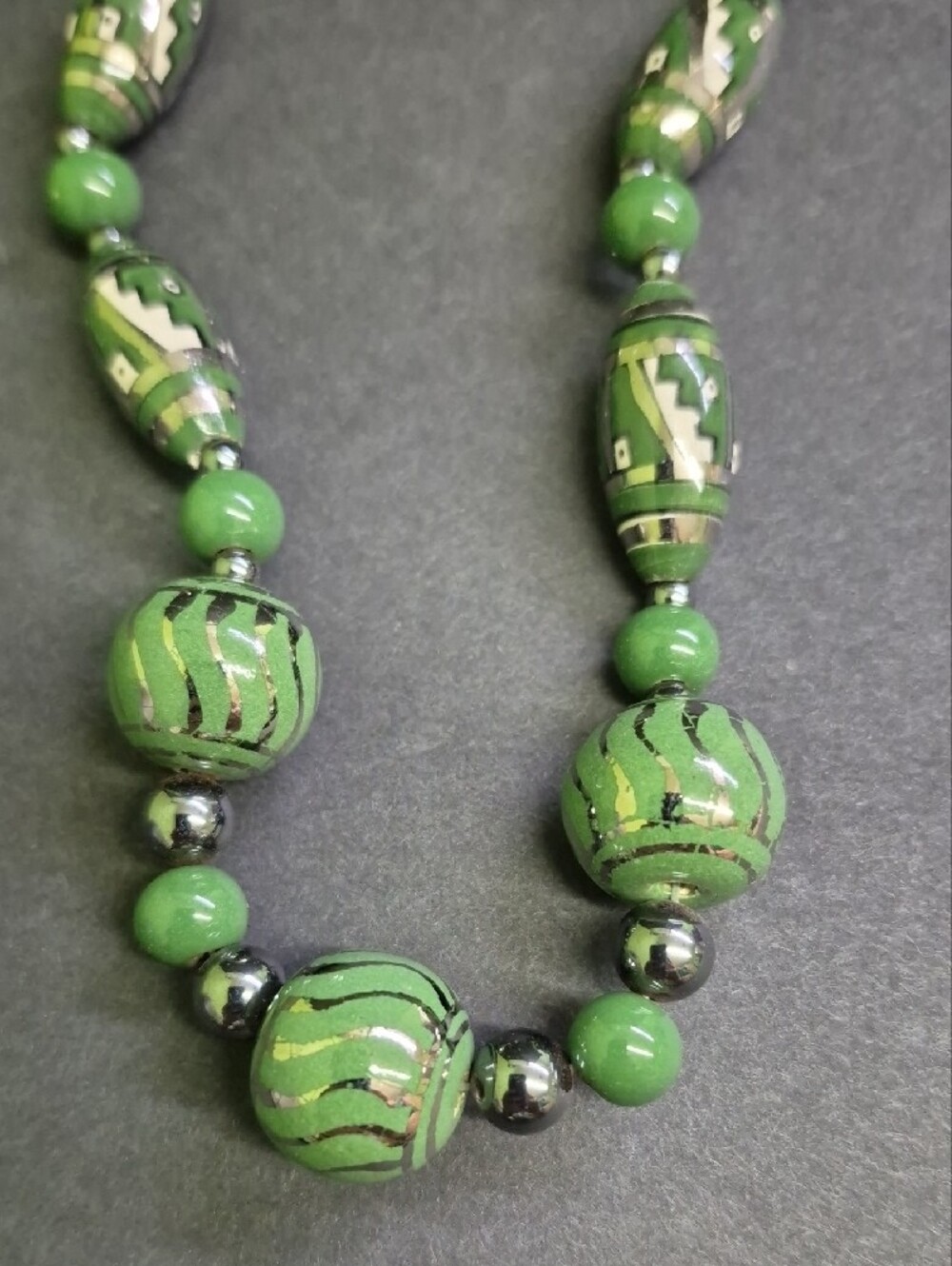Chunky Green Glass Pottery Beaded Southwestern Style Statement 21" In.  Necklace - Picture 2 of 5
